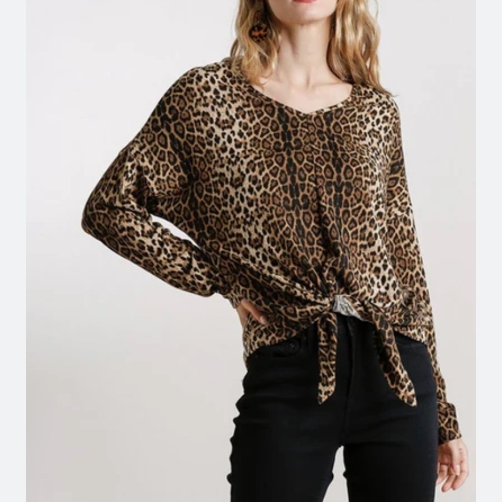 Umgee Violet Skye Leopard Tie Front Sweater Blouse